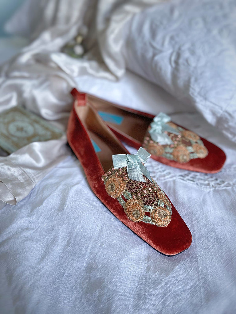 Lulu silk velvet and lace boudoir slipper shoes with powder blue bows. Created from antique textiles by Pavilion Parade. 