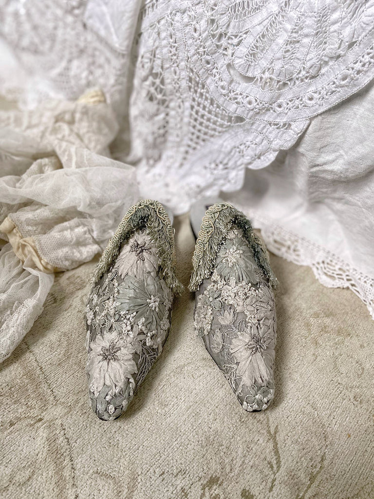 Silver grey embroidered silk flower bohemian flat shoes by Pavilion Parade from Joanne Fleming Design