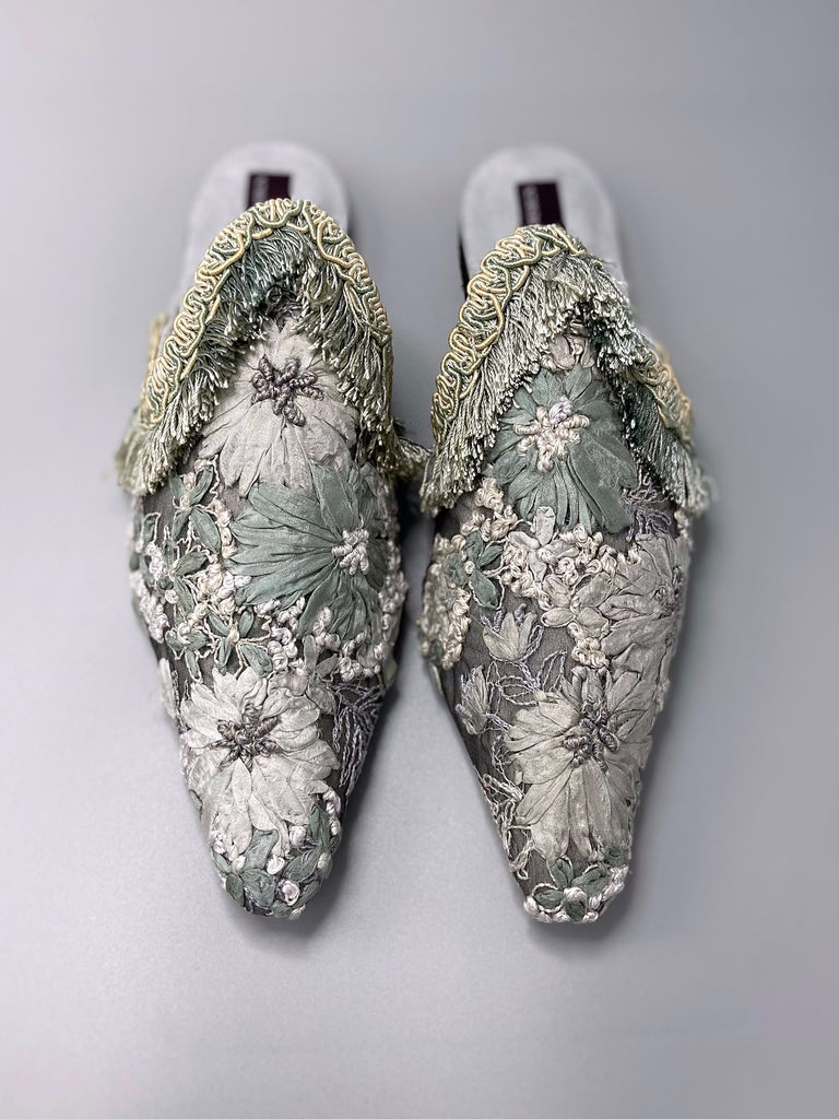 Silver grey embroidered silk flower bohemian flat shoes by Pavilion Parade from Joanne Fleming Design