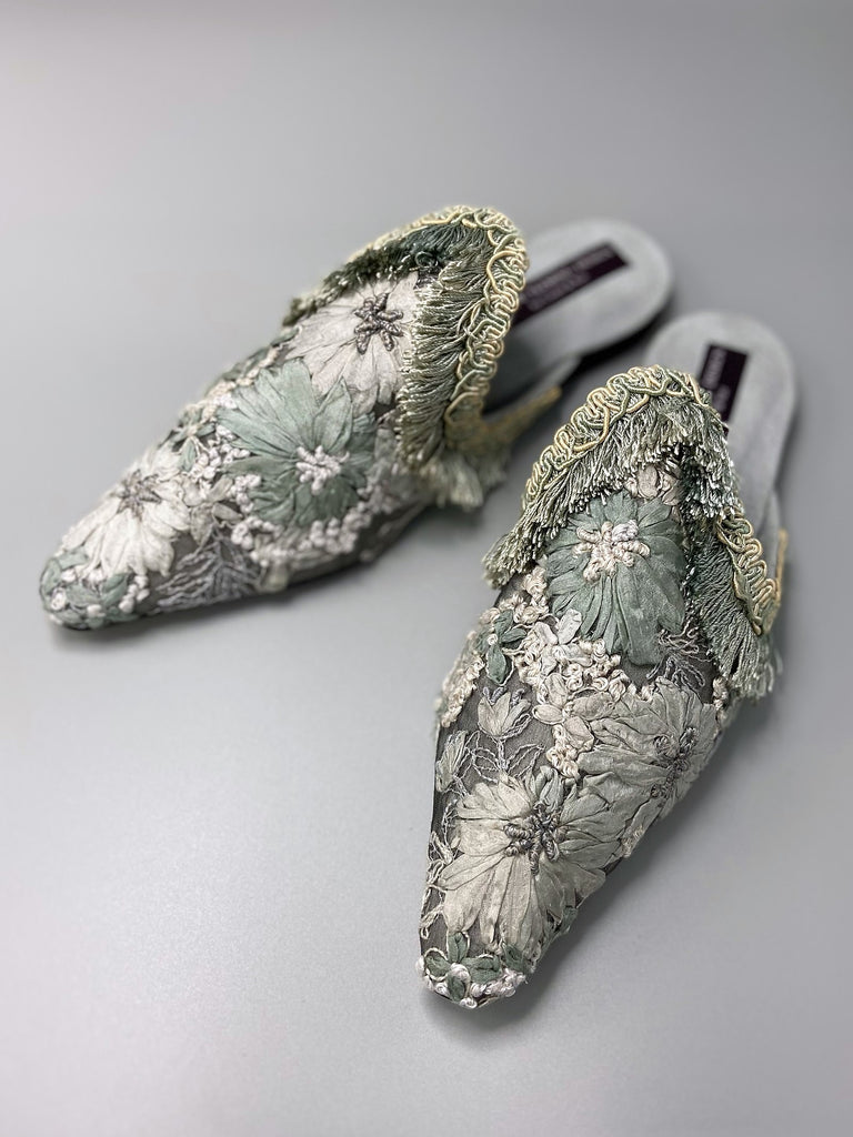 Silver grey embroidered silk flower bohemian flat shoes by Pavilion Parade from Joanne Fleming Design