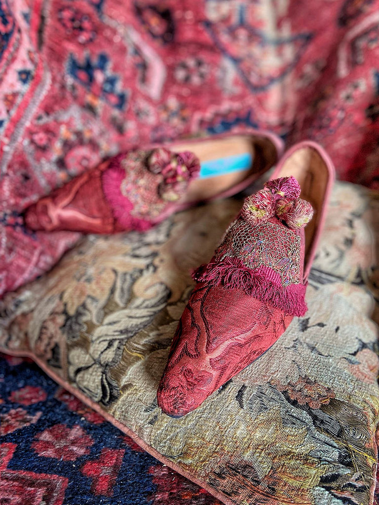 Rust red bohemian shoes created from a fragment of antique Italian silk brocade and assorted tassel and passementerie embellishments by Pavilion Parade