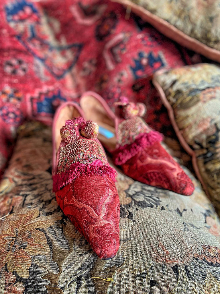 Rust red bohemian shoes created from a fragment of antique Italian silk brocade and assorted tassel and passementerie embellishments by Pavilion Parade