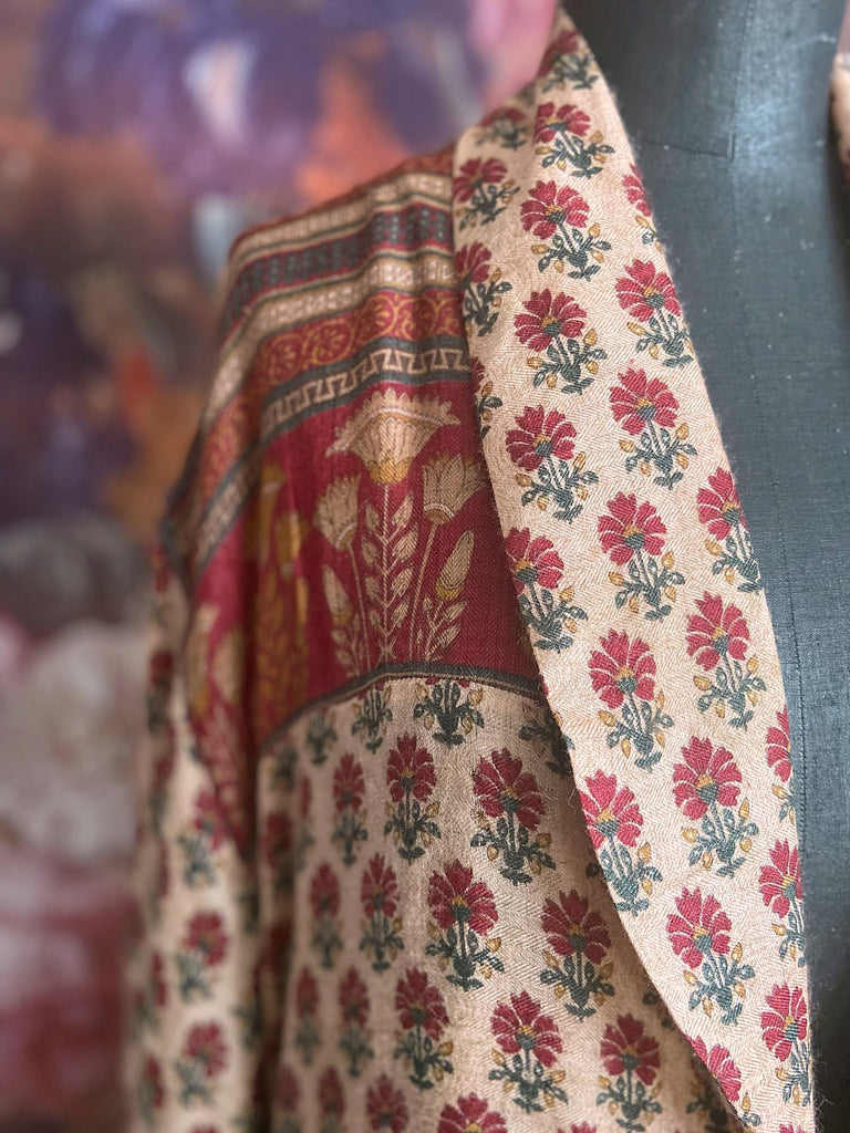 Long fine wool dressing robe in wine red and blush tones with silk lining created from antique and vintage textiles by Brighton Bohemian for Pavilion Parade