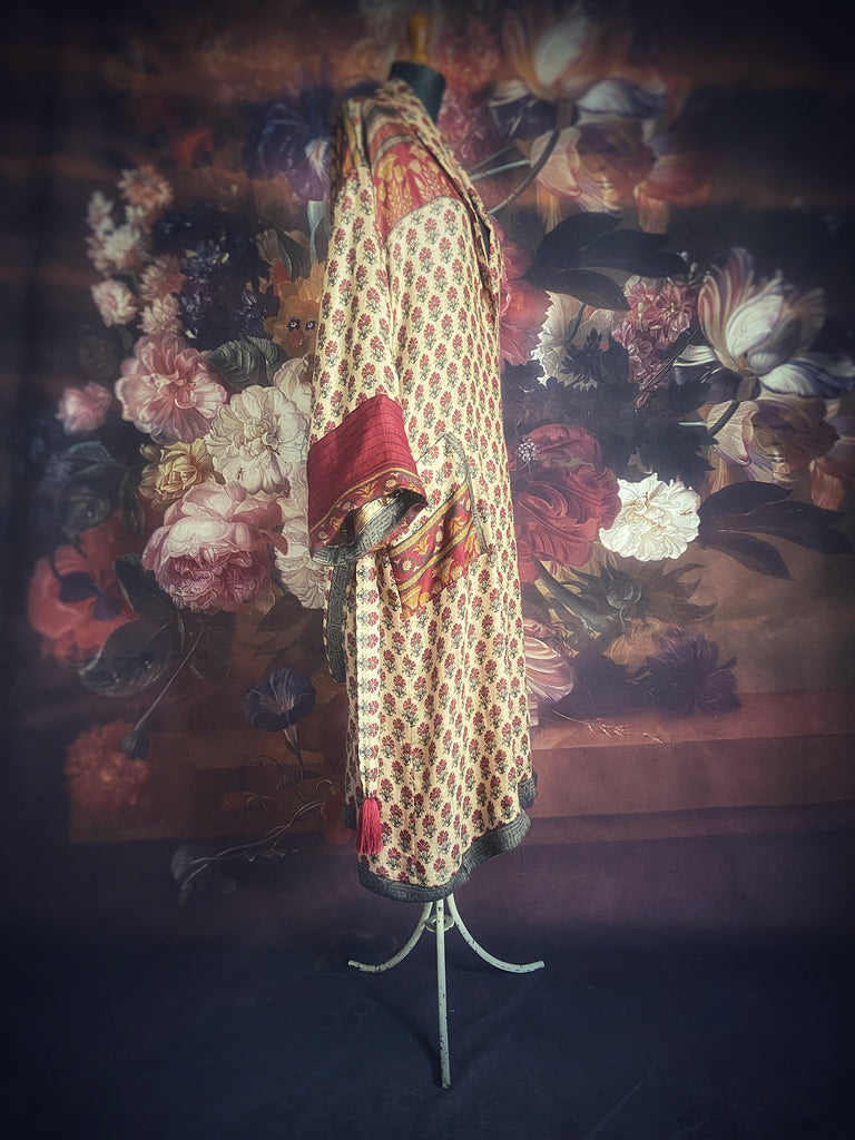Long fine wool dressing robe in wine red and blush tones with silk lining created from antique and vintage textiles by Brighton Bohemian for Pavilion Parade