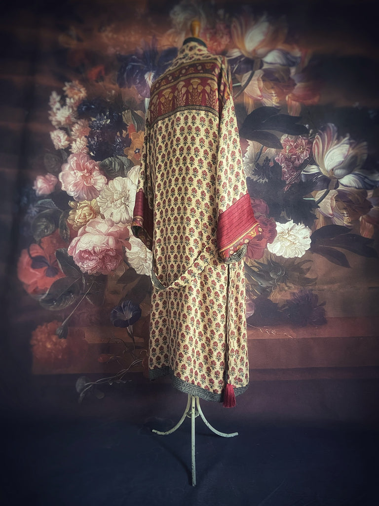 Long fine wool dressing robe in wine red and blush tones with silk lining created from antique and vintage textiles by Brighton Bohemian for Pavilion Parade