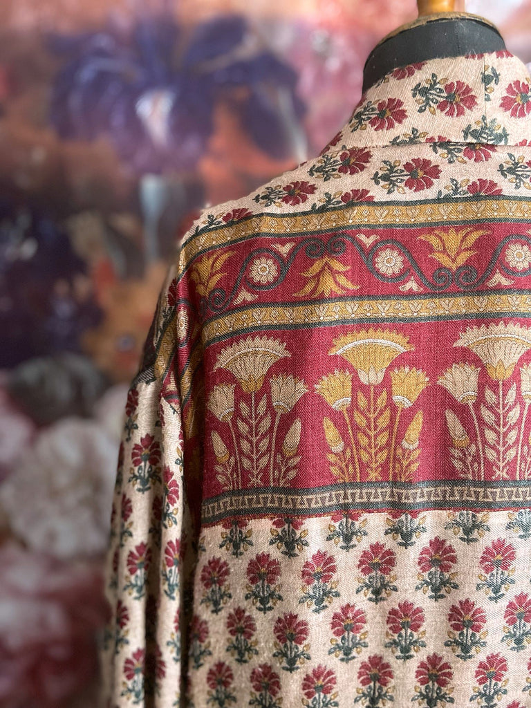 Long fine wool dressing robe in wine red and blush tones with silk lining created from antique and vintage textiles by Brighton Bohemian for Pavilion Parade