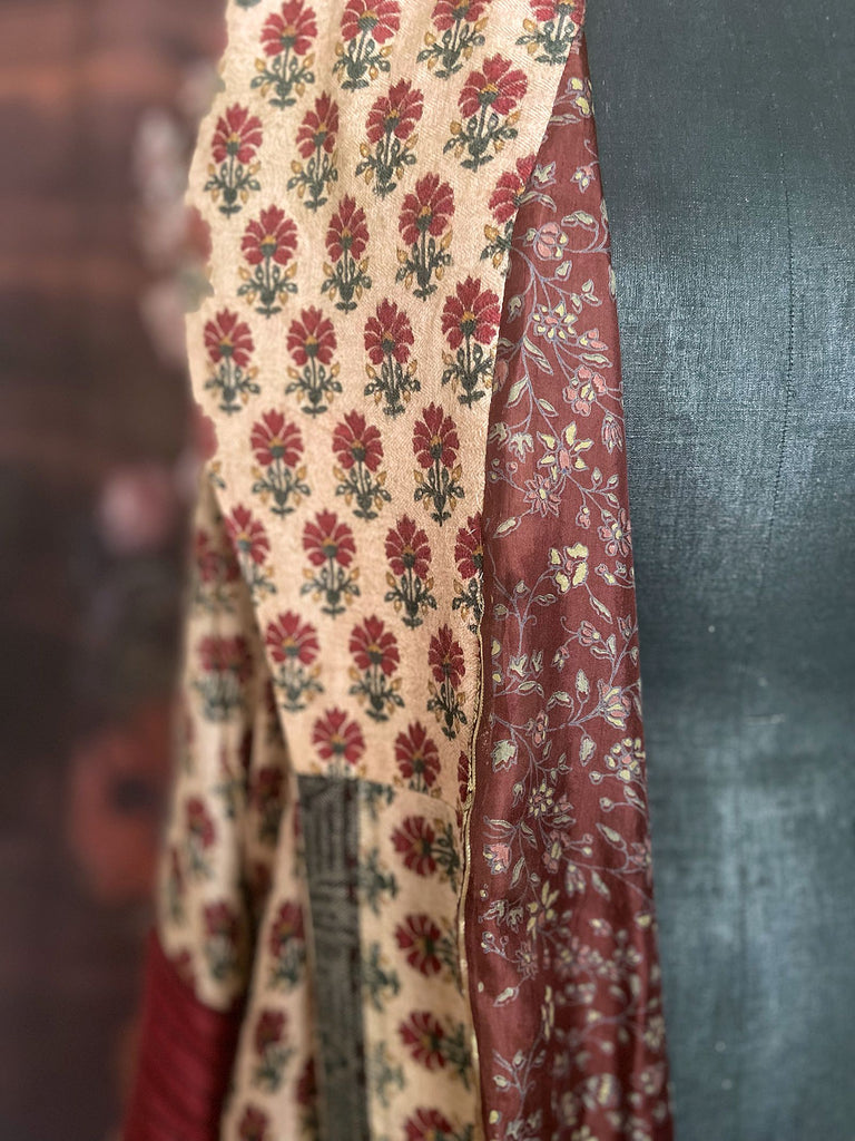 Long fine wool dressing robe in wine red and blush tones with silk lining created from antique and vintage textiles by Brighton Bohemian for Pavilion Parade