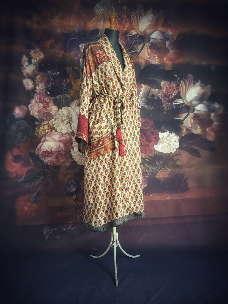 Long fine wool dressing robe in wine red and blush tones with silk lining created from antique and vintage textiles by Brighton Bohemian for Pavilion Parade