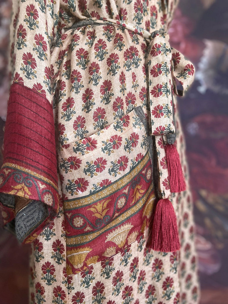 Long fine wool dressing robe in wine red and blush tones with silk lining created from antique and vintage textiles by Brighton Bohemian for Pavilion Parade