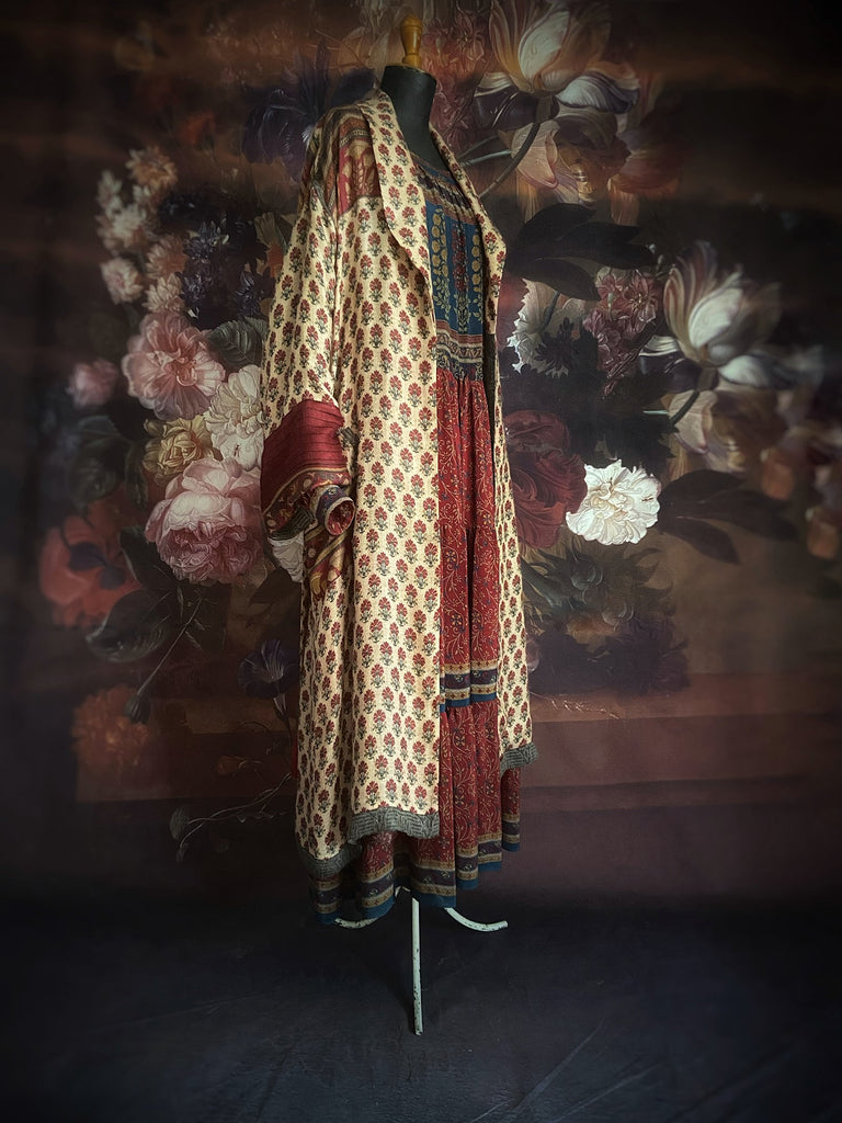 Long fine wool dressing robe in wine red and blush tones with silk lining created from antique and vintage textiles by Brighton Bohemian for Pavilion Parade