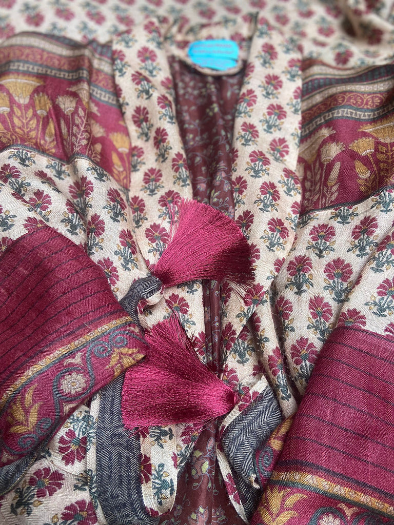 Long fine wool dressing robe in wine red and blush tones with silk lining created from antique and vintage textiles by Brighton Bohemian for Pavilion Parade
