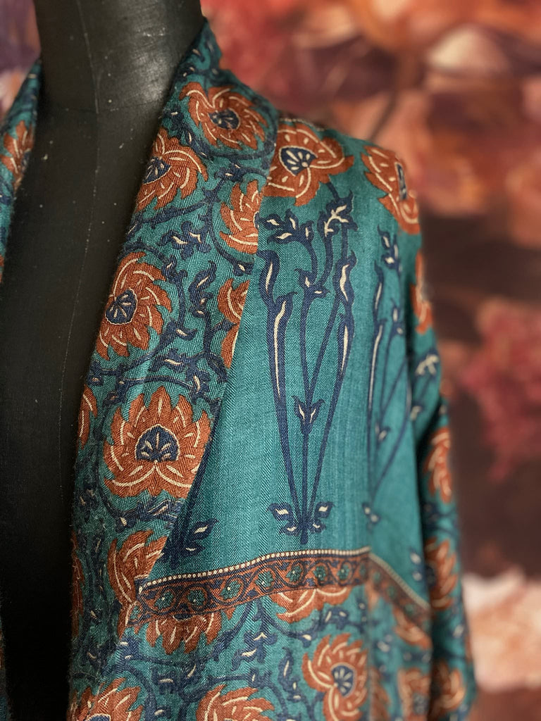 Teal blue and rust fine wool long dressing robe or duster coat with wide sleeves, tassel sash and silk lining. Bohemian style from the Pavilion Parade studio