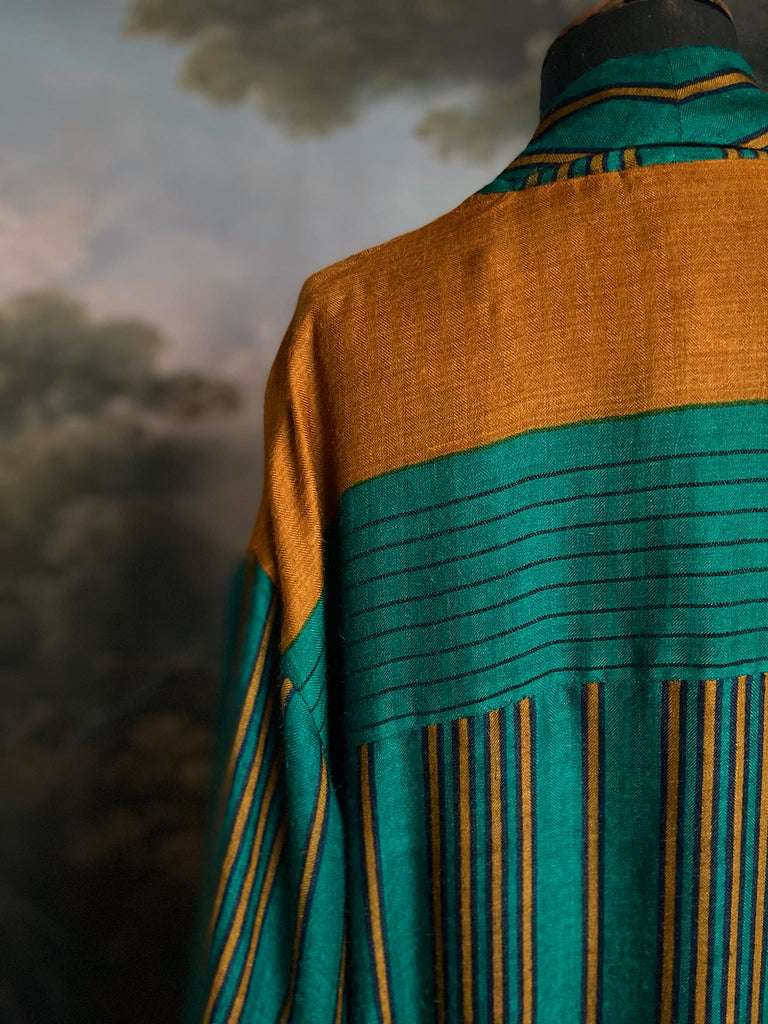 Teal green and canary yellow stripe fine wool robe lined in vibrant block printed silk crepe. Tassel sash belt, deep pockets and wide sleeves, Bohemian style sustainably create from vintage and antique textiles by the Pavilion Parade studio