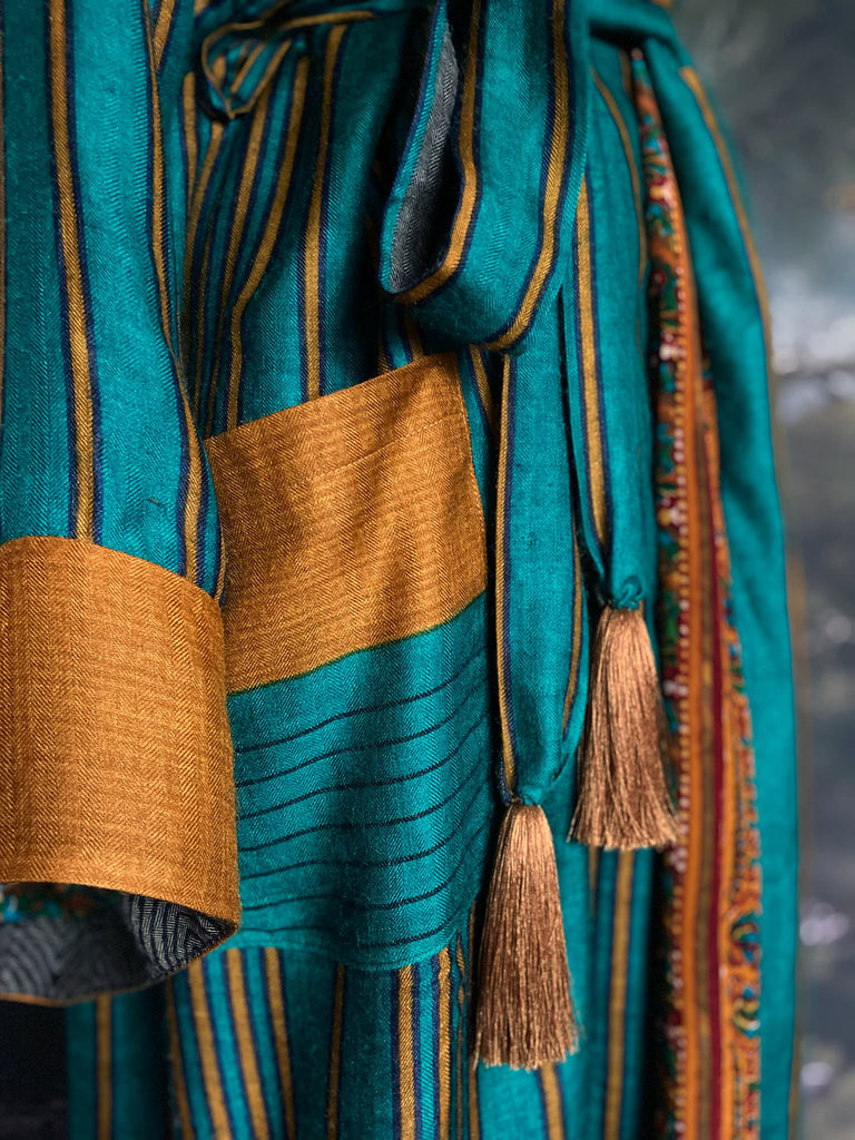 Teal green and canary yellow stripe fine wool robe lined in vibrant block printed silk crepe. Tassel sash belt, deep pockets and wide sleeves, Bohemian style sustainably create from vintage and antique textiles by the Pavilion Parade studio