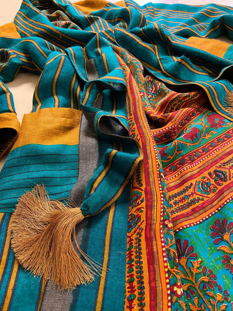 Teal green and canary yellow stripe fine wool robe lined in vibrant block printed silk crepe. Tassel sash belt, deep pockets and wide sleeves, Bohemian style sustainably create from vintage and antique textiles by the Pavilion Parade studio