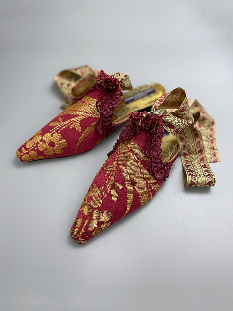 Tybalt metallic gold and raspberry silk brocade pointed toe shoes with antique ribbon ankle ties by Pavilion Parade 