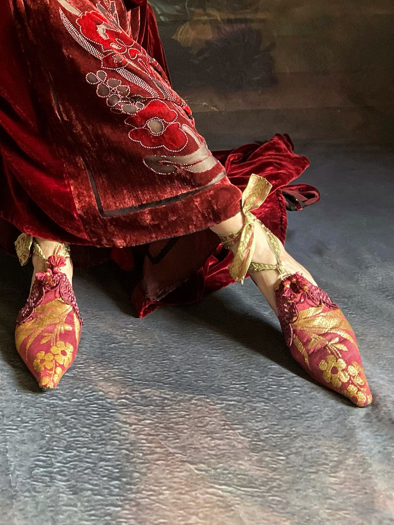 Tybalt metallic gold and raspberry silk brocade pointed toe shoes with antique ribbon ankle ties by Pavilion Parade 