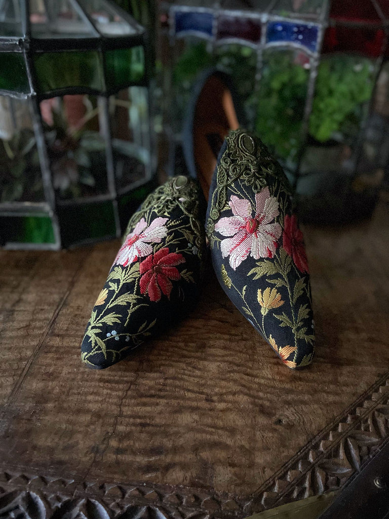 Victorian Garden embroidered floral silk bohemian shoes by Pavilion Parade. 
