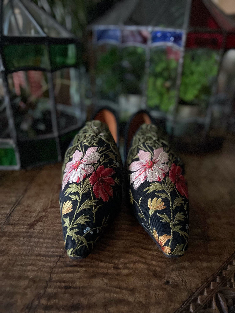 Victorian Garden embroidered floral silk bohemian shoes by Pavilion Parade. 