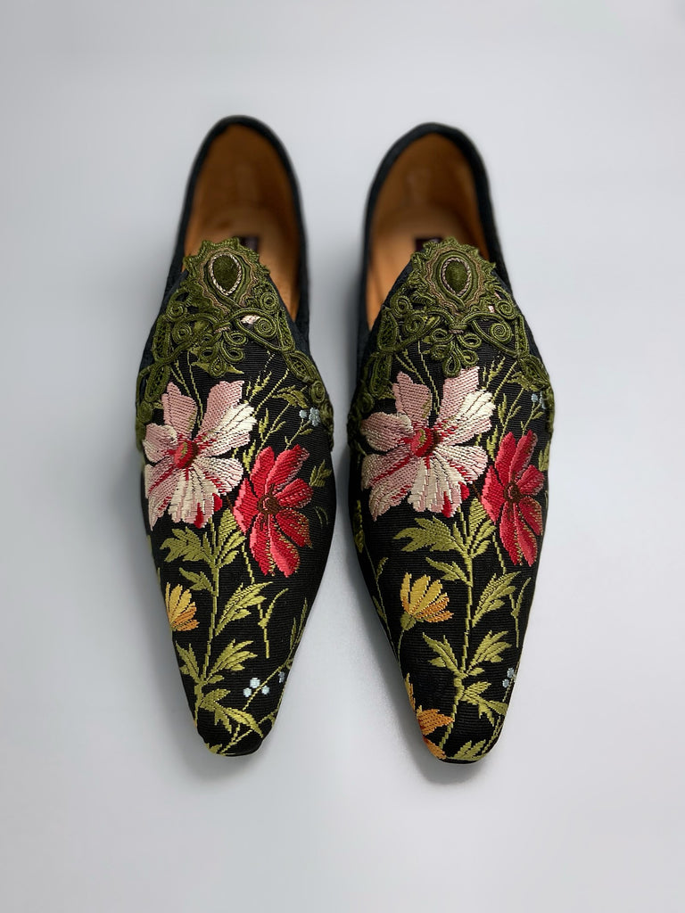 Victorian Garden embroidered floral silk bohemian shoes by Pavilion Parade. 