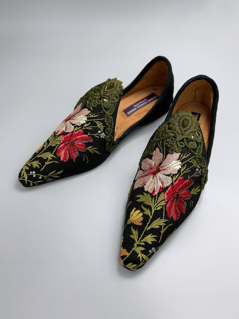 Victorian Garden embroidered floral silk bohemian shoes by Pavilion Parade. 