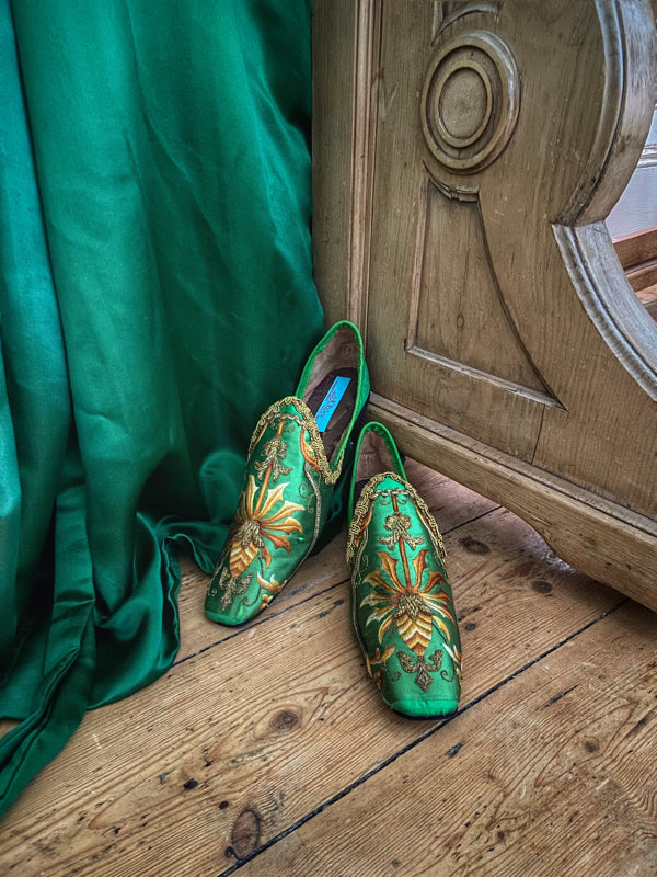 Emerald green silk shoes with goldwork embroidery created from antique French ecclesiastical textiles, by Pavilion Parade 