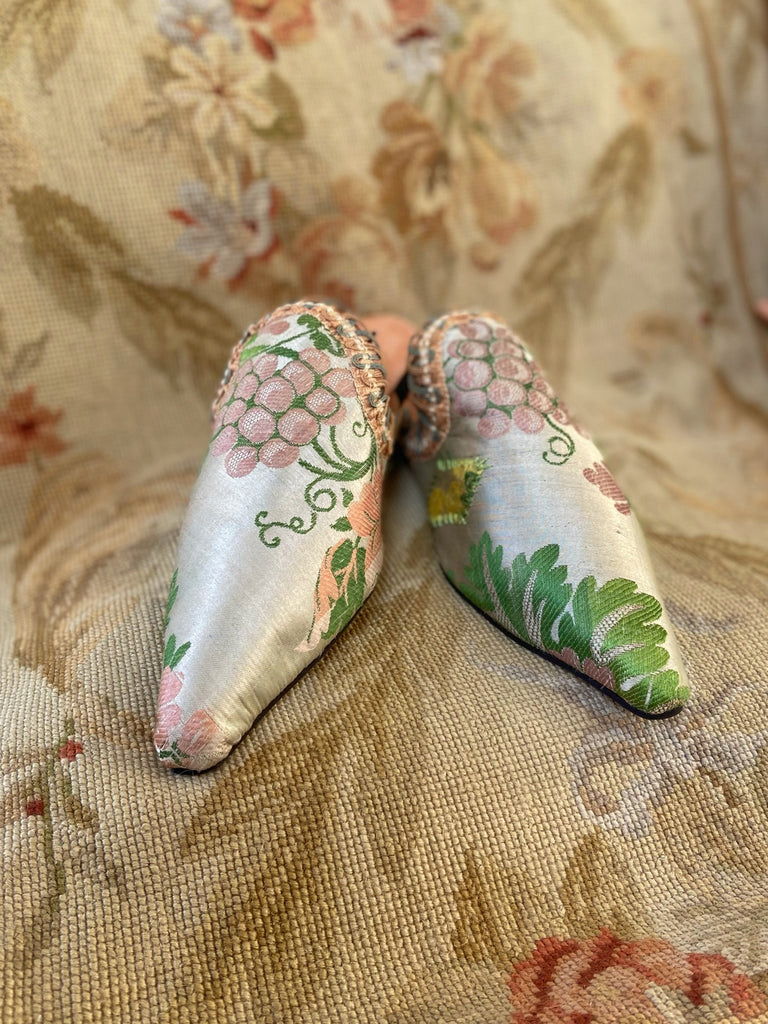 Dionysus antique silk textile bohemian shoes by Pavilion Parade, with mauve grapes on a shimmering pale green backround, from Pavilion Parade by Joanne Fleming Design