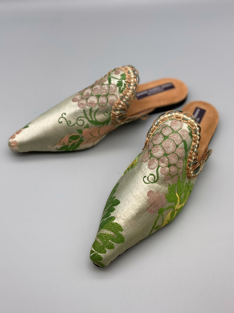 Dionysus antique silk textile bohemian shoes by Pavilion Parade, with mauve grapes on a shimmering pale green backround, from Pavilion Parade by Joanne Fleming Design