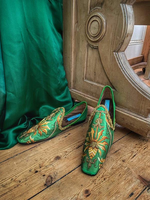 Emerald green silk shoes with goldwork embroidery created from antique French ecclesiastical textiles, by Pavilion Parade 