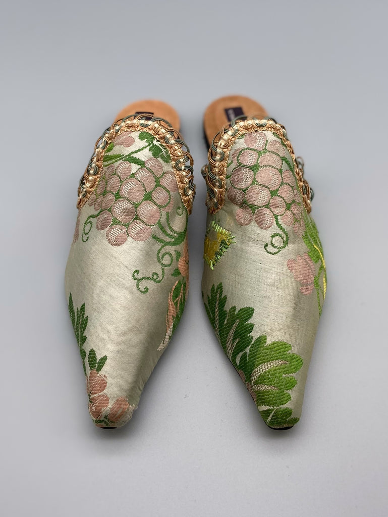 Dionysus antique silk textile bohemian shoes by Pavilion Parade, with mauve grapes on a shimmering pale green backround, from Pavilion Parade by Joanne Fleming Design