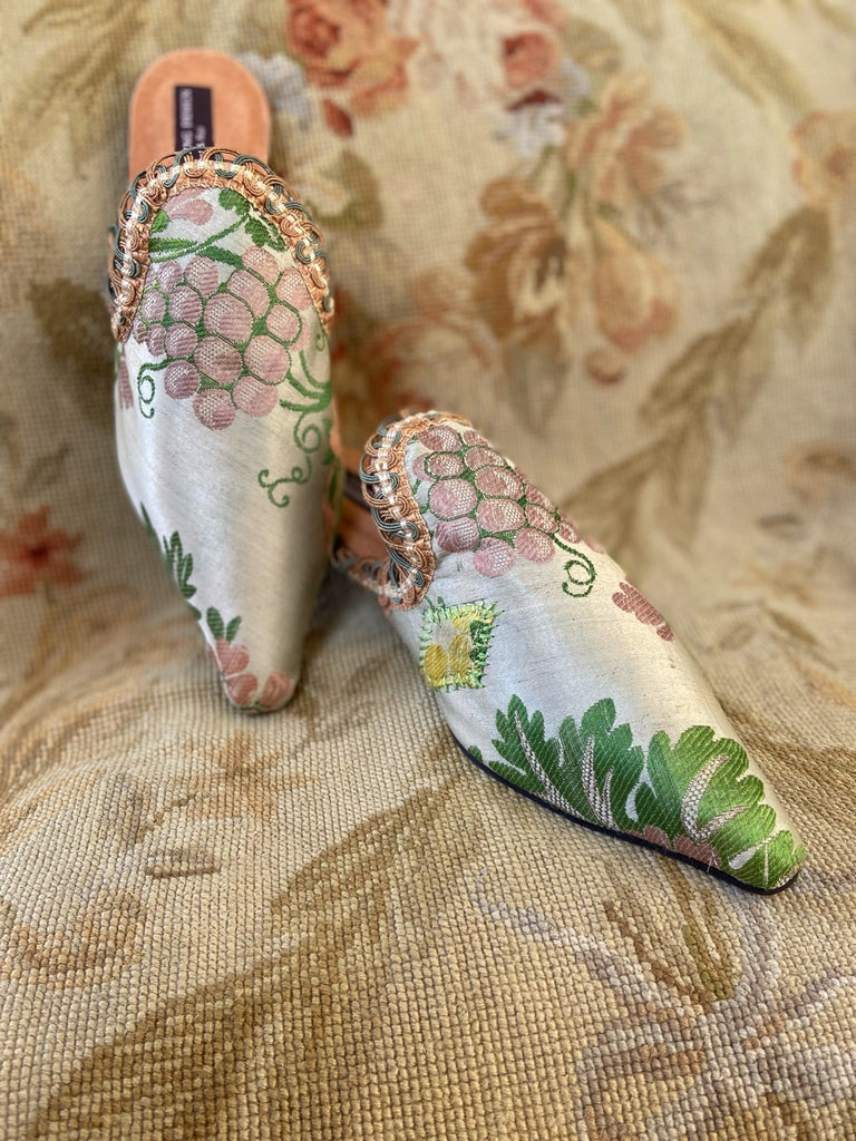Dionysus antique silk textile bohemian shoes by Pavilion Parade, with mauve grapes on a shimmering pale green backround, from Pavilion Parade by Joanne Fleming Design