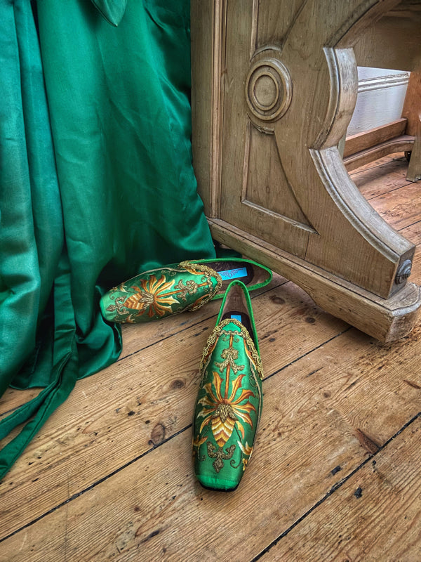 Emerald green silk shoes with goldwork embroidery created from antique French ecclesiastical textiles, by Pavilion Parade 