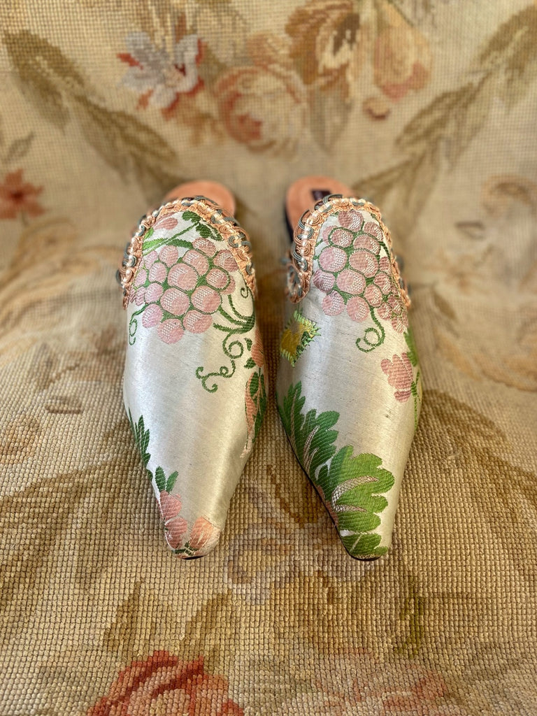 Dionysus antique silk textile bohemian shoes by Pavilion Parade, with mauve grapes on a shimmering pale green backround, from Pavilion Parade by Joanne Fleming Design