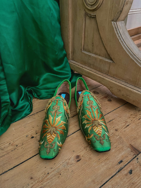 Emerald green silk shoes with goldwork embroidery created from antique French ecclesiastical textiles, by Pavilion Parade 